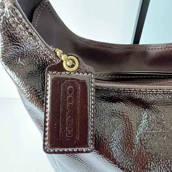 Coach Brown Patent Leather Crinkle Texture Hobo & Crossbody Bag, C0873-12387 EUC - Picture 6 of 16